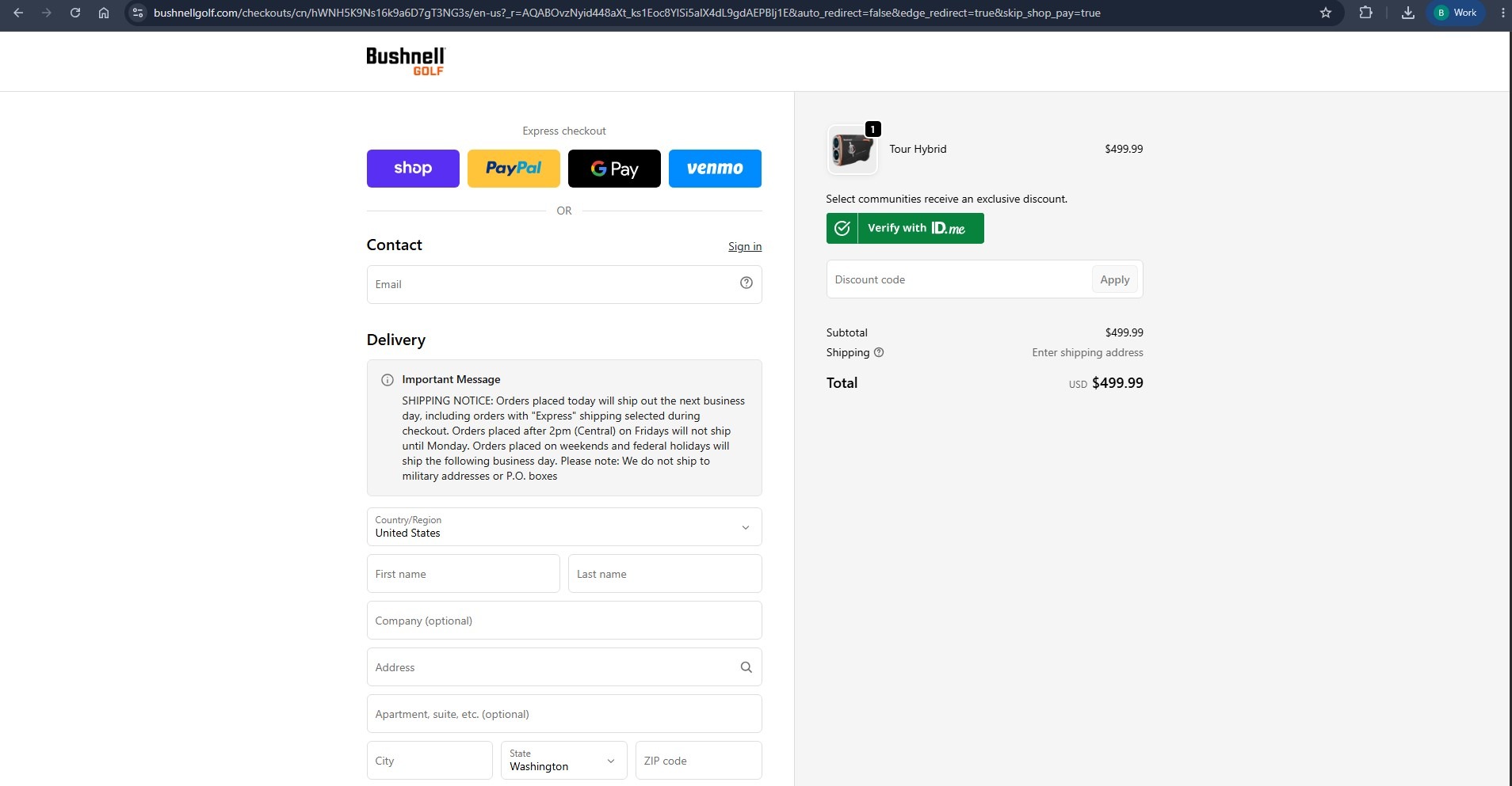 Bushnell Golf checkout preview